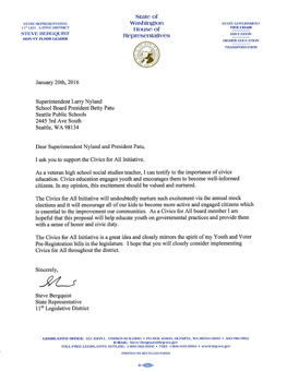 Civics for All Endorsement Letter from Steve Bergquist, Washington State Representative, 11th Legislative District, Deputy Floor Leader, State Government Vice Chair - Education, Higher Education, Transportation